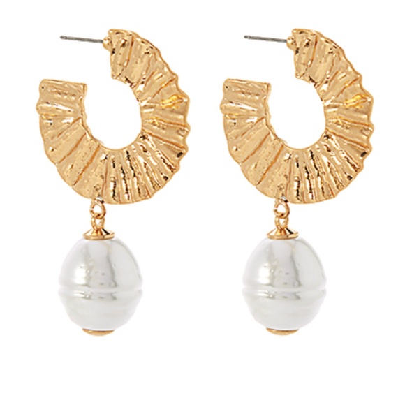 Wave Metal & Pearl Dangle Hoops
